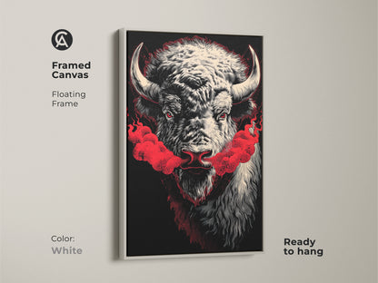 A framed canvas print of a buffalo head. Red smoke comes from the buffalo's nose. The frame is white and the canvas is ready to hang. Buy this unique buffalo artwork for your home. A simple white frame will suit any space.