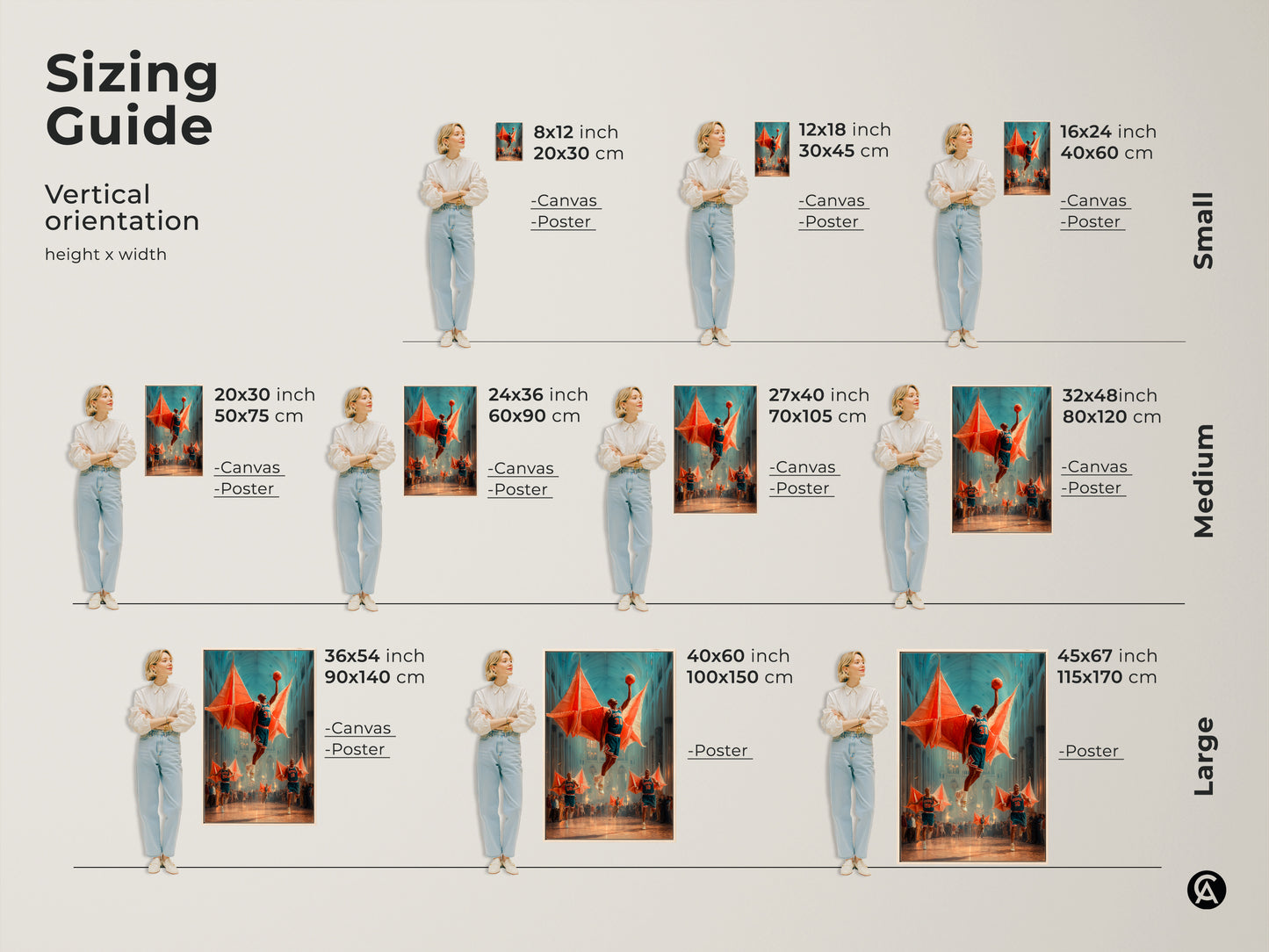 This sizing guide shows vertical orientations of the surreal basketball cathedral canvas. Available in small medium and large sizes as both canvas and poster options. Choose the ideal fit for your eclectic sports decor. Unique sports artwork for every space.