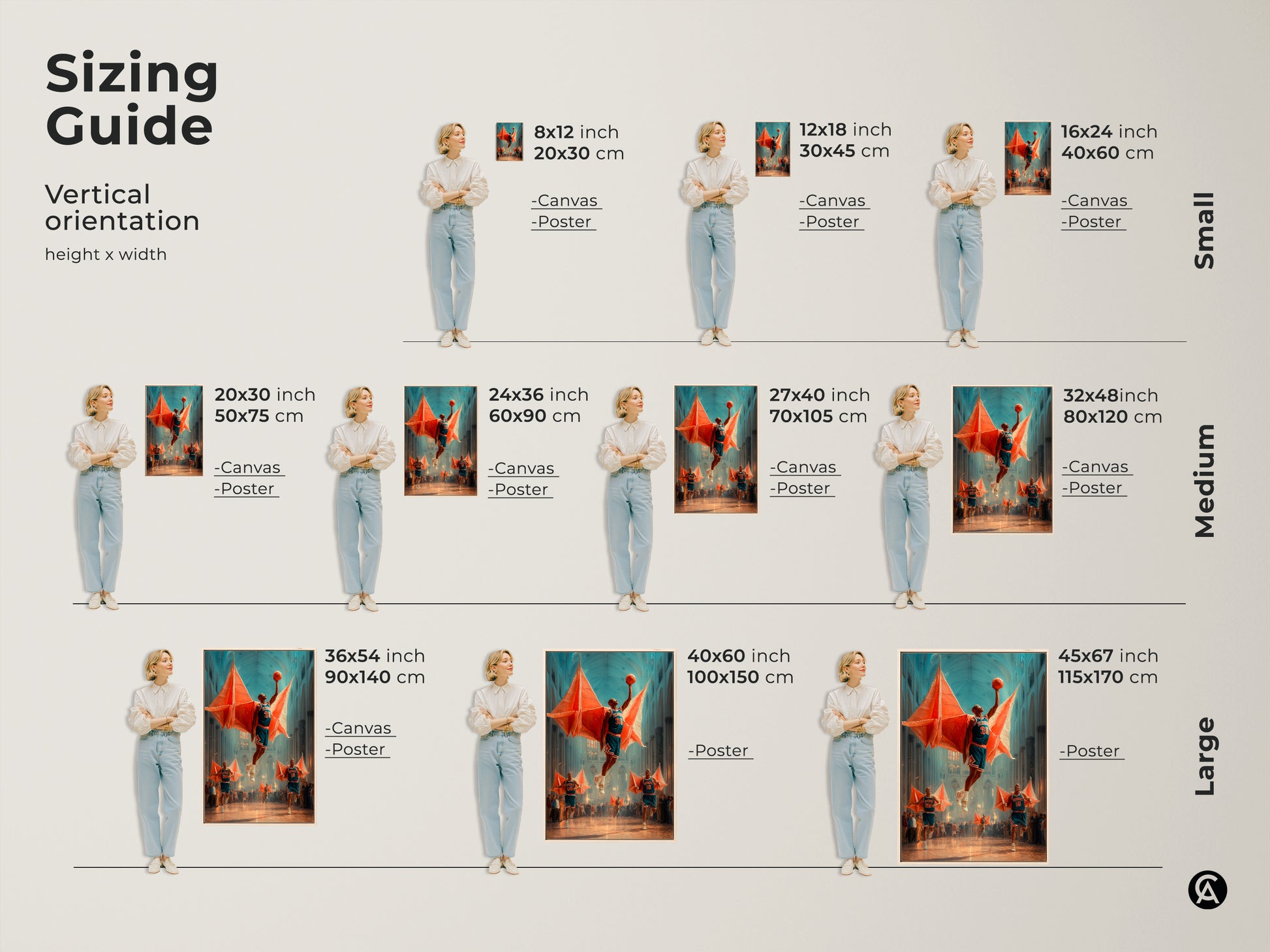 This sizing guide shows vertical orientations of the surreal basketball cathedral canvas. Available in small medium and large sizes as both canvas and poster options. Choose the ideal fit for your eclectic sports decor. Unique sports artwork for every space.