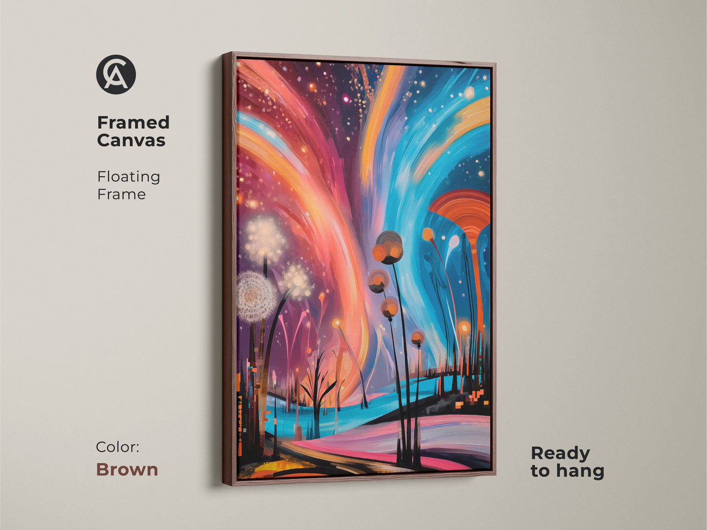 Showcasing a brown frame the abstract dandelion canvas print adds warmth. The fantasy nature artwork uses warm oranges and cool blues. Deep purples accent the eclectic style. This unique wall decor art comes ready to hang. The dreamy landscape painting would be great for home office abstract art.