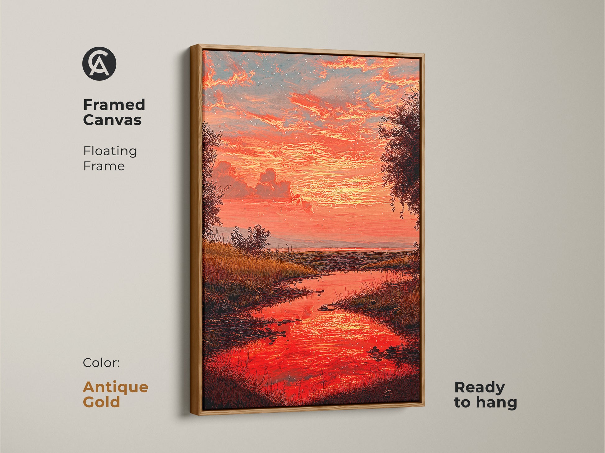 Framed canvas showcasing a red sunset river artwork with an antique gold floating frame. This impressionist landscape painting is ready to hang adding an eclectic touch to your home. Its vibrant colors and peaceful scene make it a perfect addition to any room.