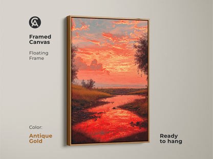 Framed canvas showcasing a red sunset river artwork with an antique gold floating frame. This impressionist landscape painting is ready to hang adding an eclectic touch to your home. Its vibrant colors and peaceful scene make it a perfect addition to any room.
