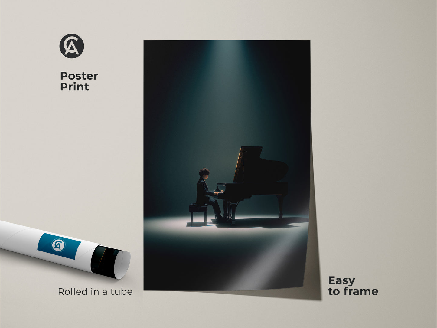 Poster print of a pianist in the spotlight. The grand piano artwork is rolled in a tube. Easy to frame. This music-themed art print adds elegance to your walls. Ideal for music enthusiasts seeking stylish decor.