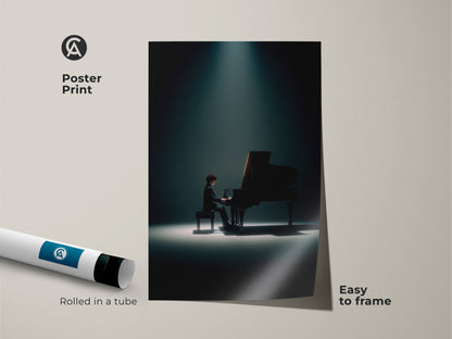 Poster print of a pianist in the spotlight. The grand piano artwork is rolled in a tube. Easy to frame. This music-themed art print adds elegance to your walls. Ideal for music enthusiasts seeking stylish decor.