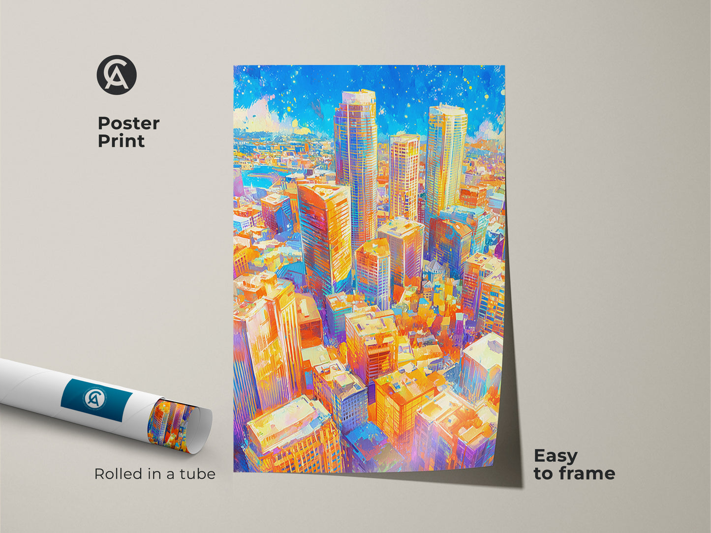 Easy to frame poster print showcasing a vivid cityscape. This museum-quality paper print is rolled in a tube for protection. The colorful urban artwork adds a modern touch to any space. It is ideal for art collectors.