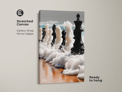 Stretched canvas showcasing abstract chess wall art. Observe the surreal ocean waves art in detail. This black and white chess print is gallery-wrapped. Ready to hang this contemporary office decor art. View the unique wall hanging.