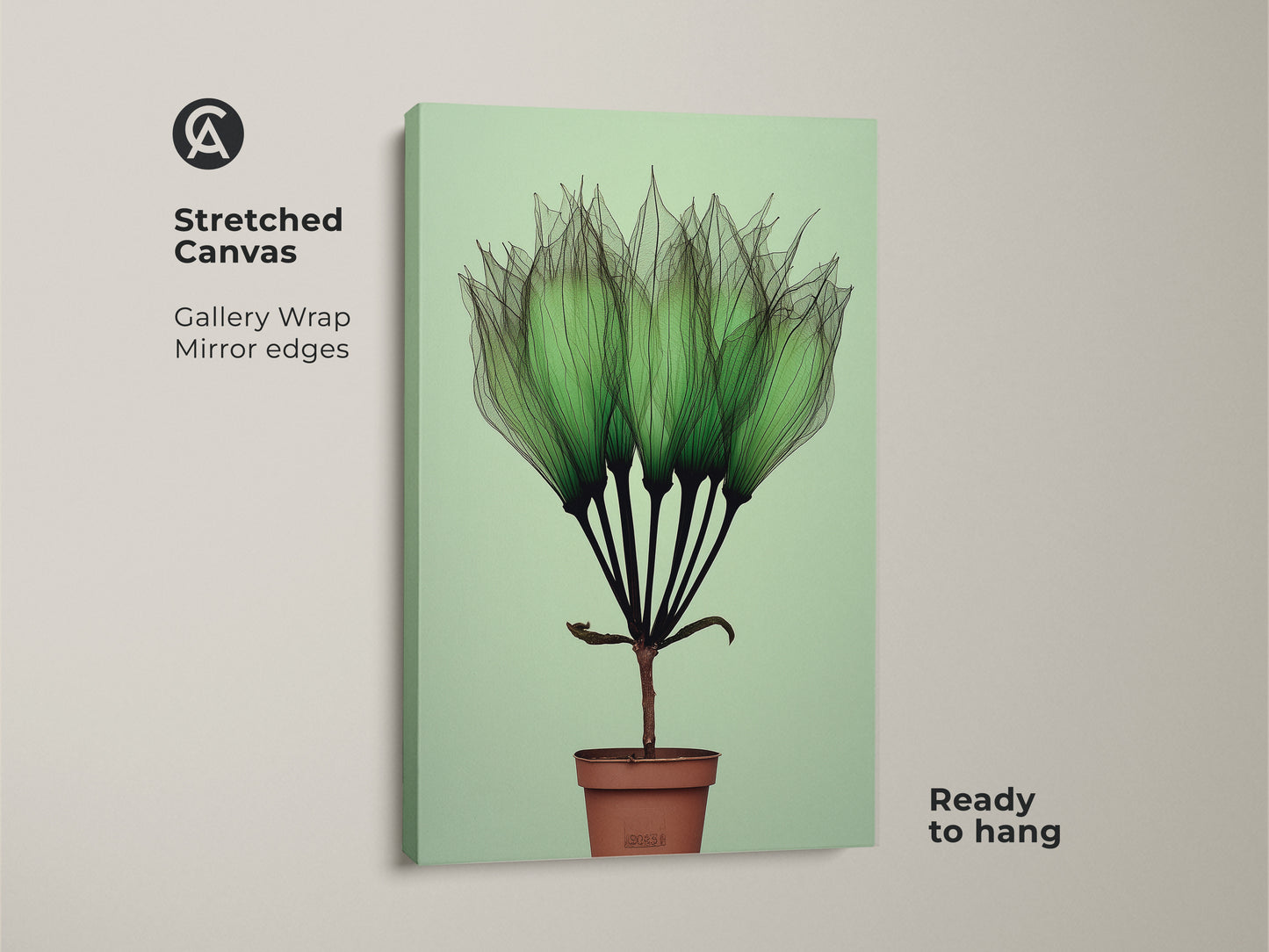 Stretched Canvas Botanical Art Print with gallery wrap mirror edges features delicate translucent green petals. This Potted Plant Wall Art has a minimalist abstract style. Ready to hang Scandinavian Canvas Art is great Gift for Plant Lovers. Contemporary style.