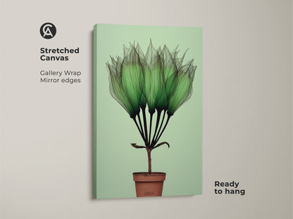 Stretched Canvas Botanical Art Print with gallery wrap mirror edges features delicate translucent green petals. This Potted Plant Wall Art has a minimalist abstract style. Ready to hang Scandinavian Canvas Art is great Gift for Plant Lovers. Contemporary style.