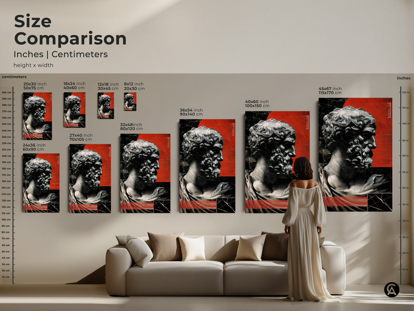 A size comparison showcases various dimensions of this artwork. Sizes range from small to large. See the red abstract sculpture wall art and its marble bust print displayed above a sofa.