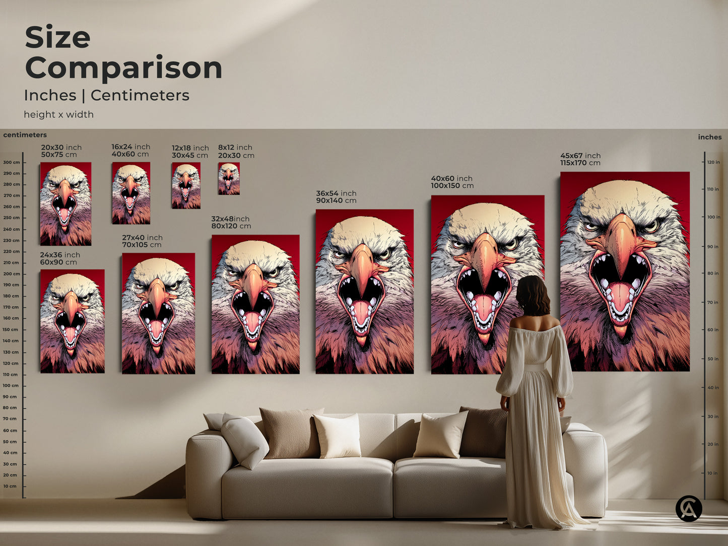 Size comparison of the Fierce Eagle Wall artwork on Canvas. This modern animal artwork adds a bold statement. See how different sizes fit above a sofa. It is perfect for your unique office space or your man cave.