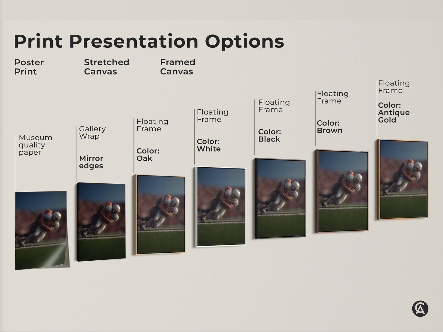 Explore print presentation options for dynamic football tackle artwork. Choose from poster prints stretched canvas and framed canvas. Each option highlights the photorealistic sports action. Find the perfect wall art for your den man cave or sports themed room. Museum quality paper gallery wrap and floating frames available.