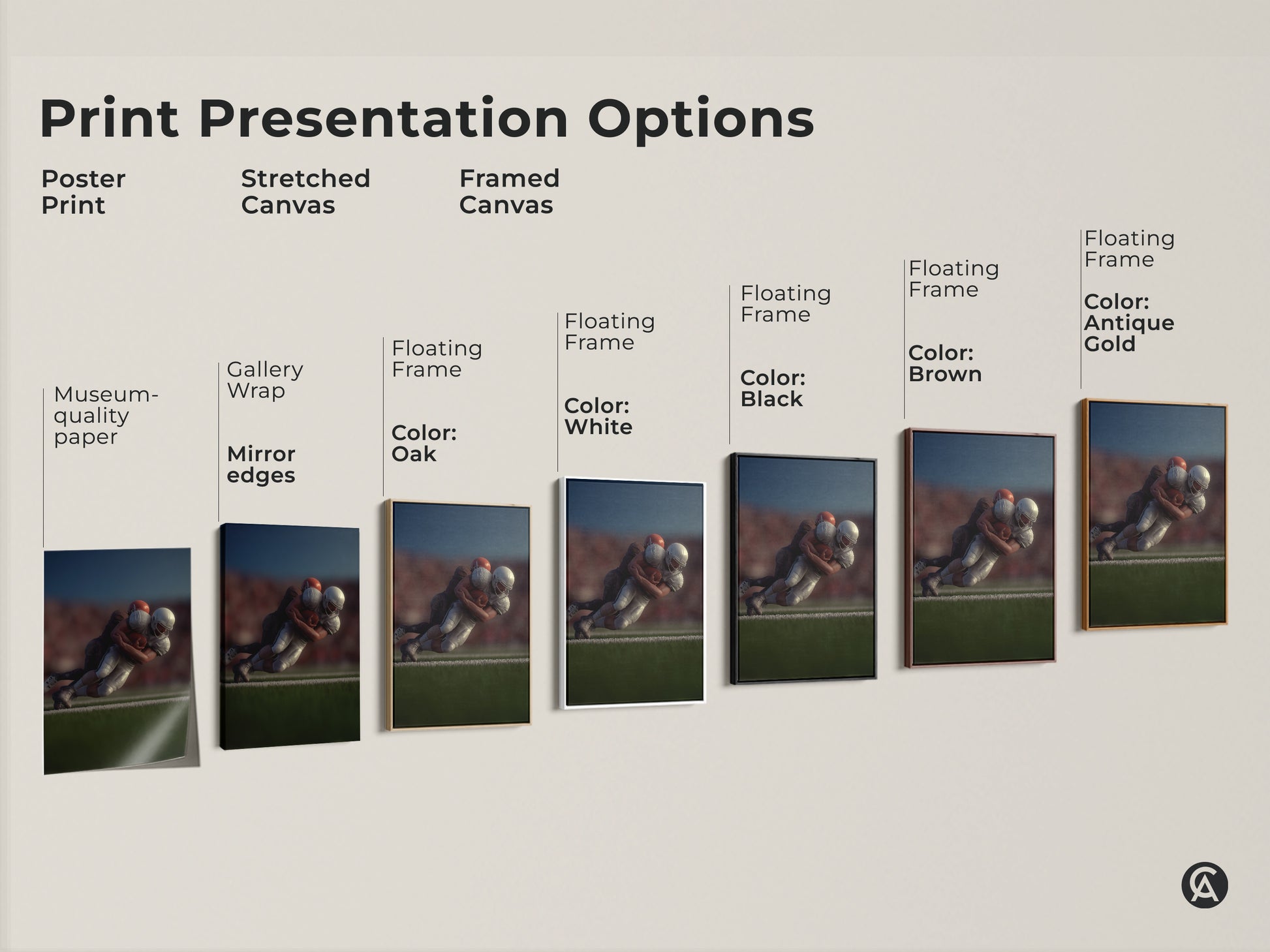 Explore print presentation options for dynamic football tackle artwork. Choose from poster prints stretched canvas and framed canvas. Each option highlights the photorealistic sports action. Find the perfect wall art for your den man cave or sports themed room. Museum quality paper gallery wrap and floating frames available.
