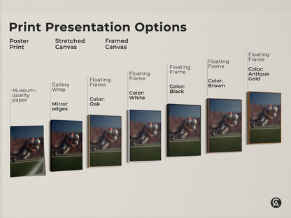 Explore print presentation options for dynamic football tackle artwork. Choose from poster prints stretched canvas and framed canvas. Each option highlights the photorealistic sports action. Find the perfect wall art for your den man cave or sports themed room. Museum quality paper gallery wrap and floating frames available.