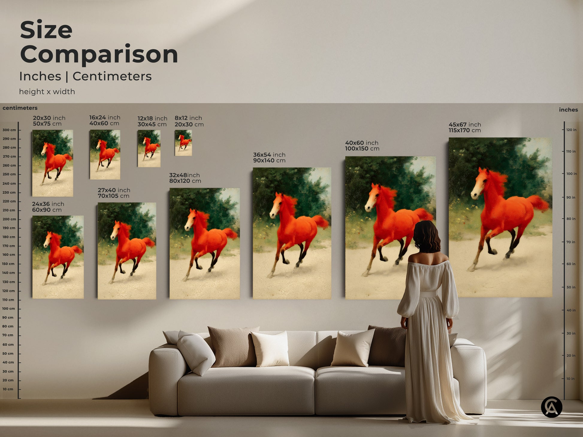 Size comparison of the orange galloping horse canvas print. See how the artwork scales in inches and centimeters. Perfect for eclectic homes or as a unique equestrian art piece. Choose the ideal size to enhance your living space. A great gift for horse lovers.