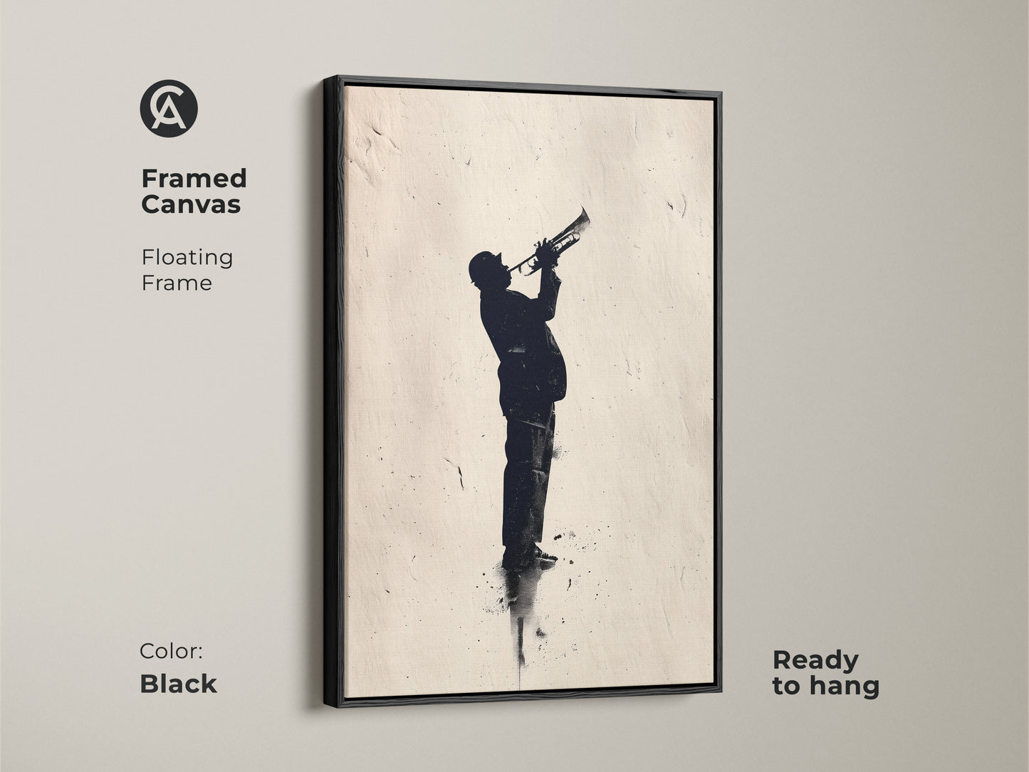 Black framed canvas art of a jazz trumpet player. The floating frame enhances the silhouette artwork. Ready to hang for instant musical ambiance. Elevate your decor with this framed art.