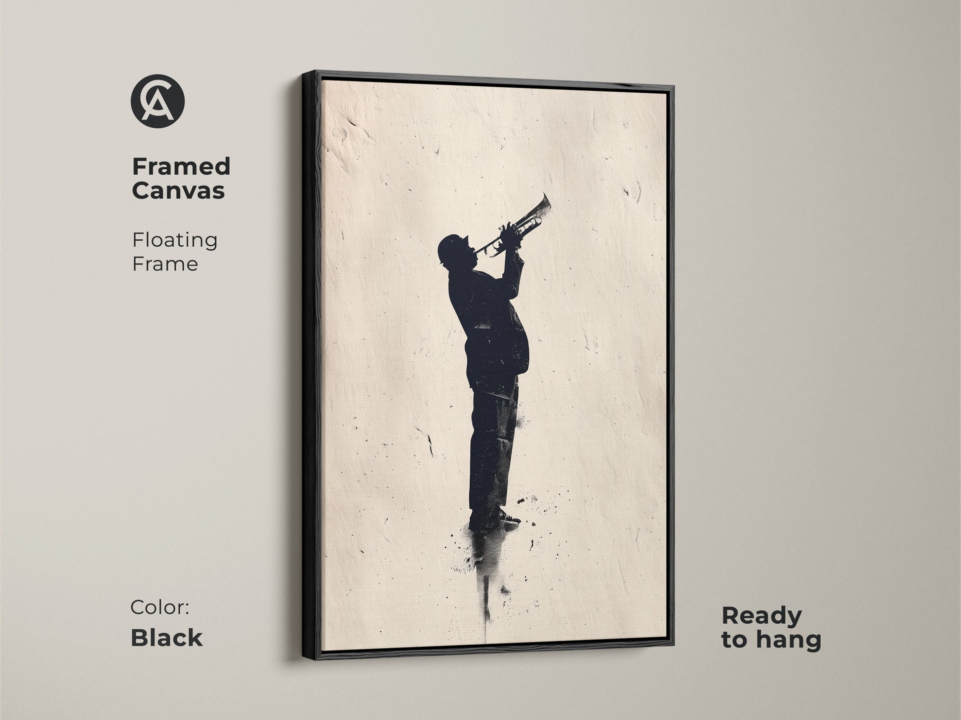 Black framed canvas art of a jazz trumpet player. The floating frame enhances the silhouette artwork. Ready to hang for instant musical ambiance. Elevate your decor with this framed art.