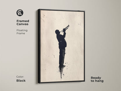 Black framed canvas art of a jazz trumpet player. The floating frame enhances the silhouette artwork. Ready to hang for instant musical ambiance. Elevate your decor with this framed art.