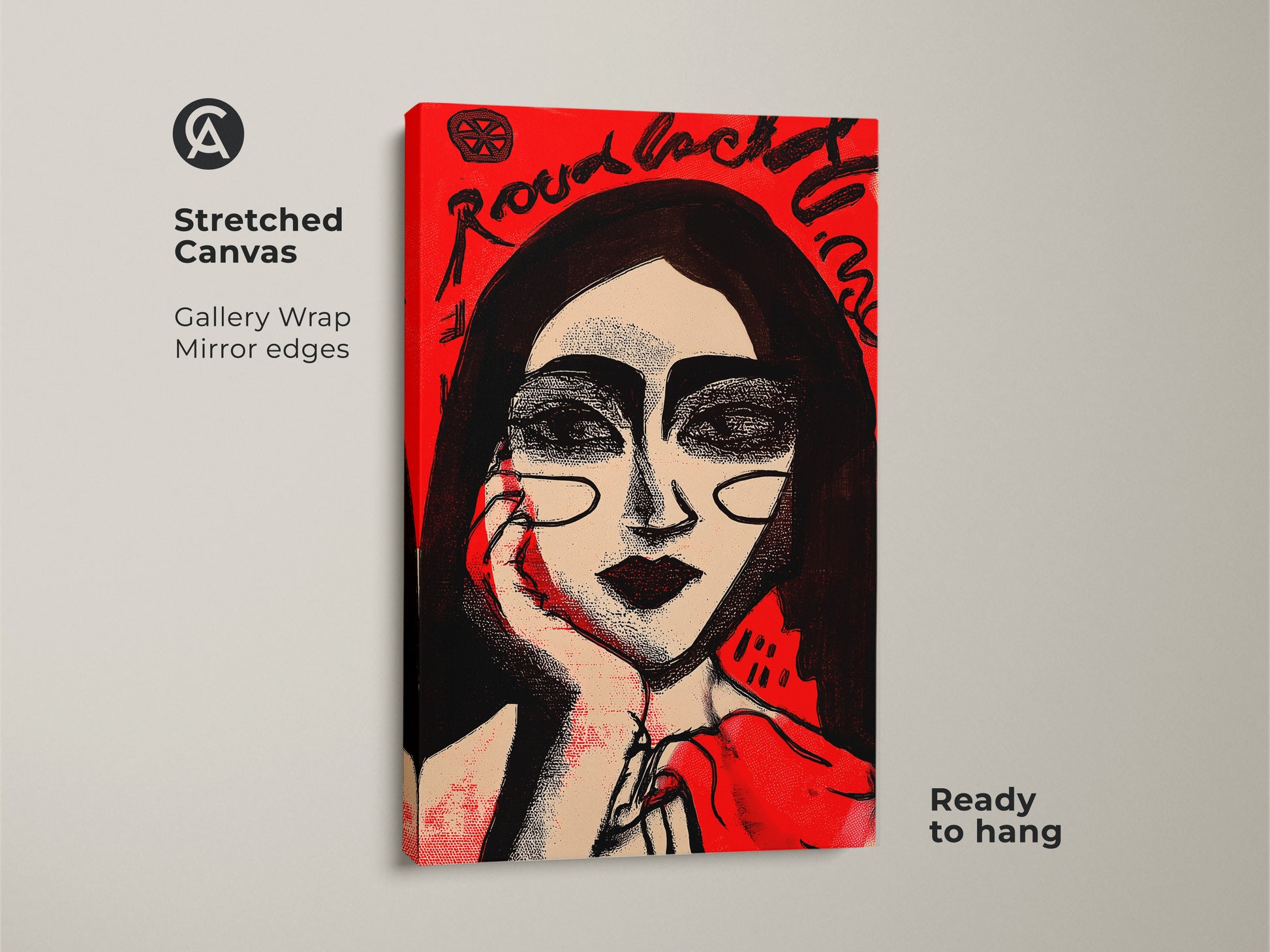 Stretched canvas art with gallery wrap. This modern portrait features mirror edges and is ready to hang. The red and black ink artwork showcases a woman's face in a bold contemporary style. A striking piece for collectors.