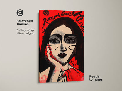 Stretched canvas art with gallery wrap. This modern portrait features mirror edges and is ready to hang. The red and black ink artwork showcases a woman's face in a bold contemporary style. A striking piece for collectors.