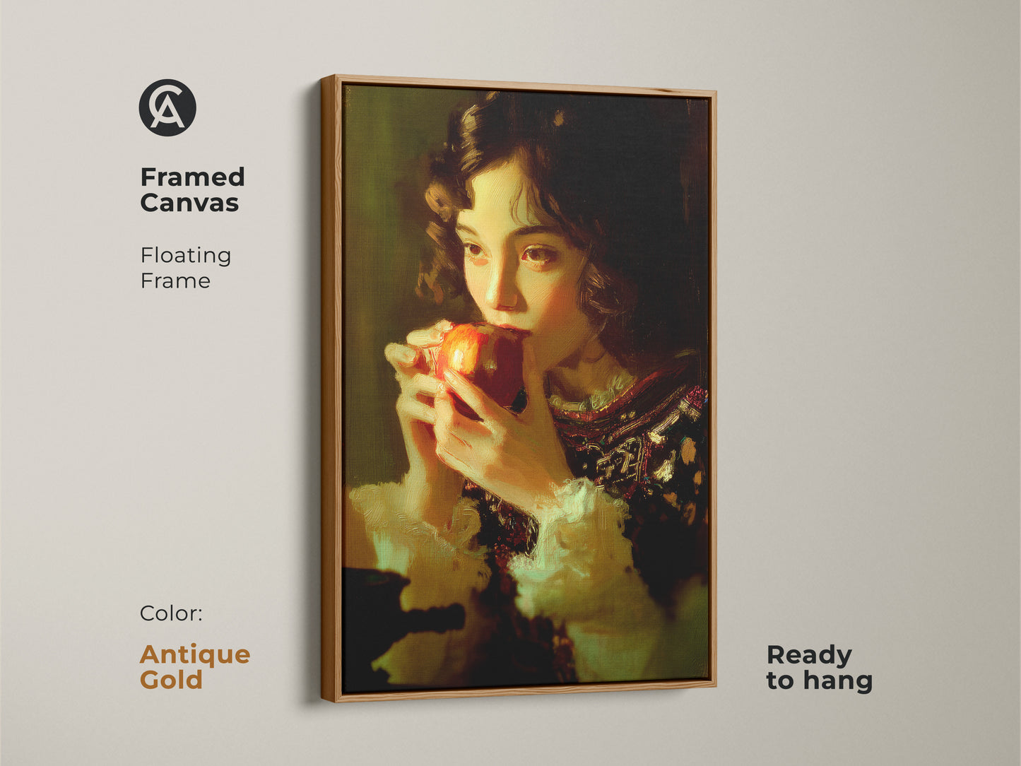 Framed canvas with an antique gold floating frame showcasing a girl eating an apple. Classical realism wall art is ready to hang. Chiaroscuro art print in a traditional style. A vintage style kitchen art piece. Enhances any wall with old masters style art.