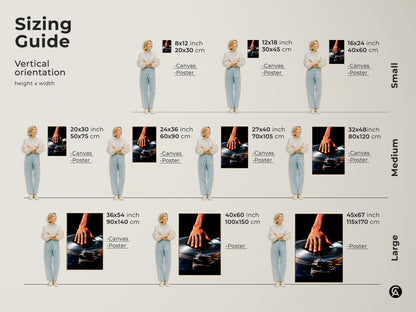 Sizing guide showcasing music wall art prints. Sizes range from small to large canvas and poster options are available. Artwork features hand on turntable with retro DJ aesthetic. Vertical orientation ideal for offices or music studios. Choose the perfect size for industrial loft decor.