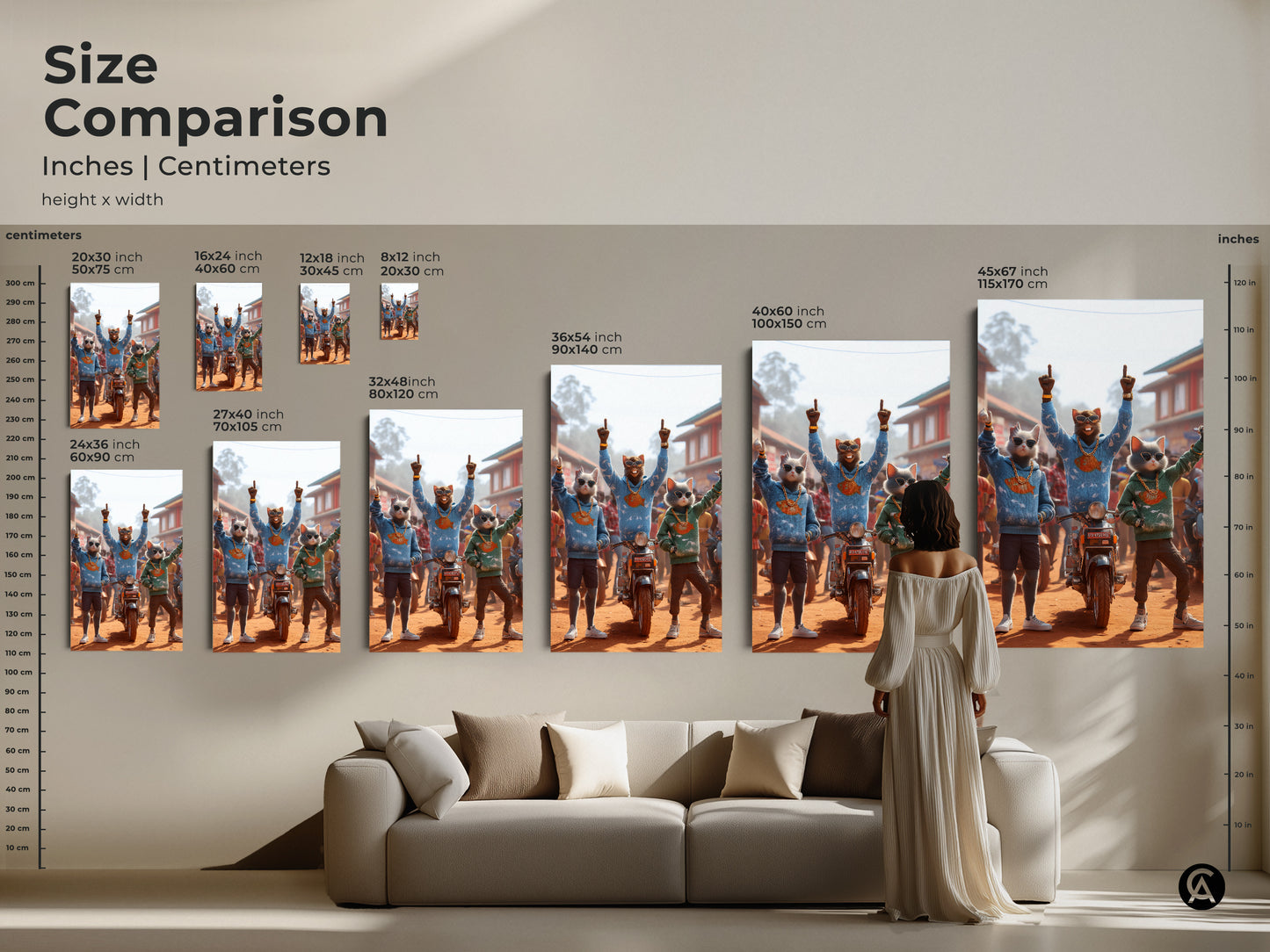 Size comparison of cat art in inches and centimeters. Artwork size ranges from 8x12 inch 20x30 cm to 45x67 inch 115x170 cm. See how the art fits above a sofa. Find the ideal size to enhance your living space.