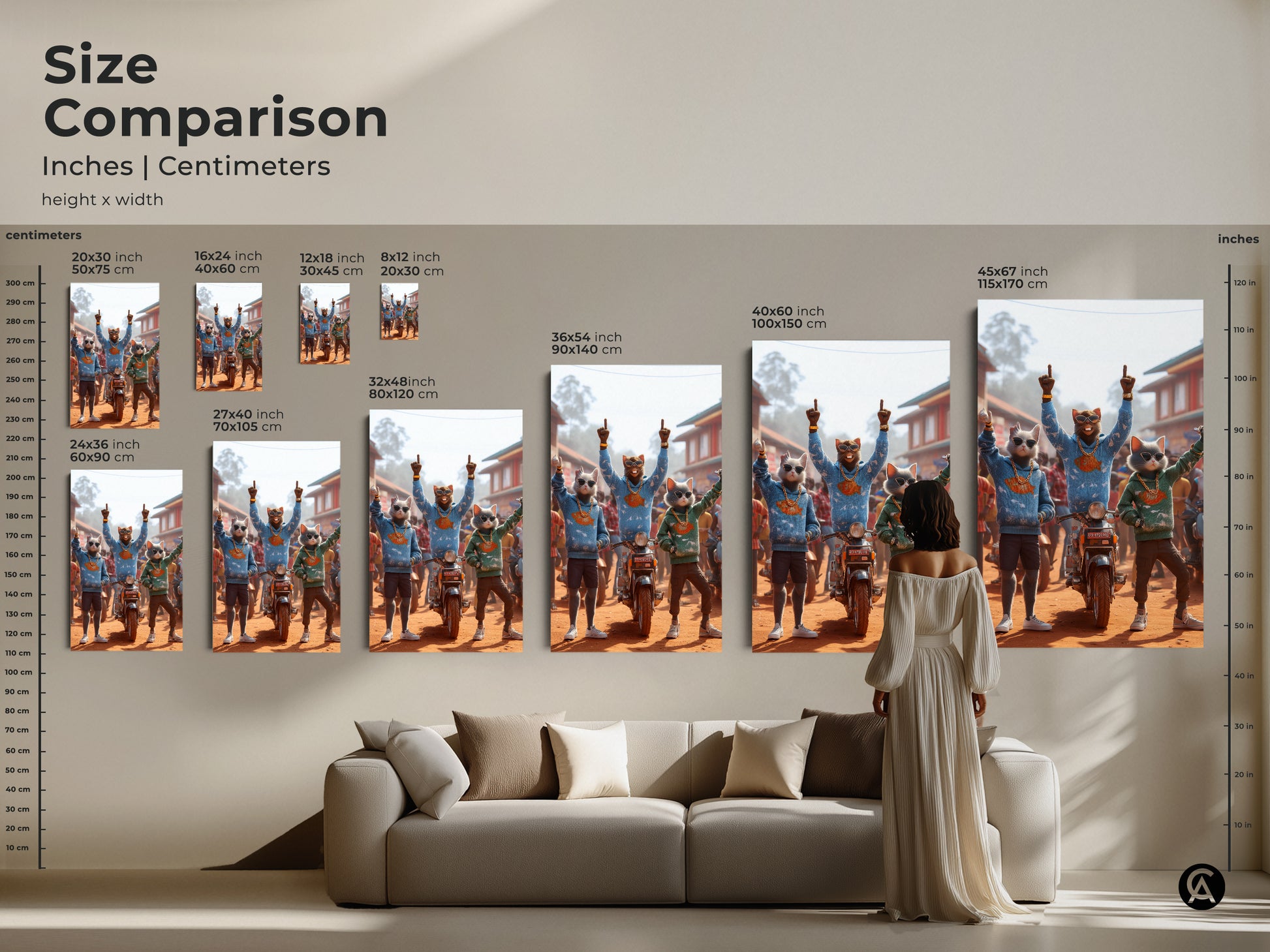 Size comparison of cat art in inches and centimeters. Artwork size ranges from 8x12 inch 20x30 cm to 45x67 inch 115x170 cm. See how the art fits above a sofa. Find the ideal size to enhance your living space.