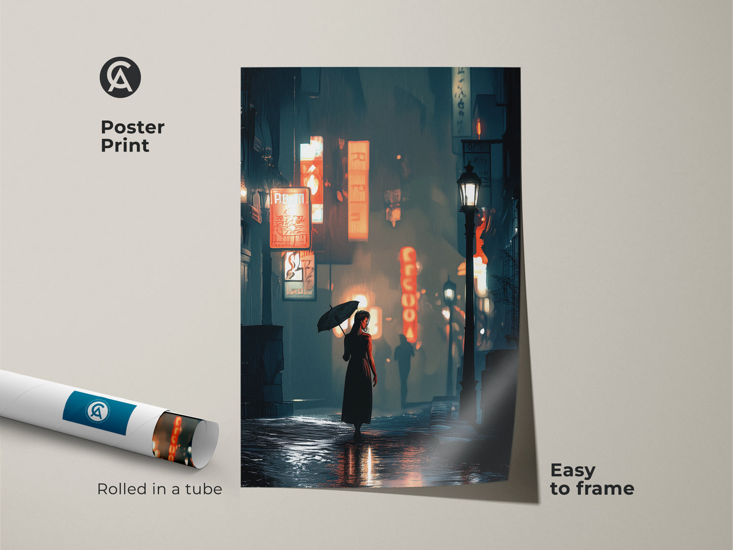 Poster print featuring a cinematic cityscape at night. A woman with umbrella stands amidst neon signs. This atmospheric city art is easy to frame. The urban deep blue orange teal artwork adds a moody vibe. It's perfect for contemporary decor.