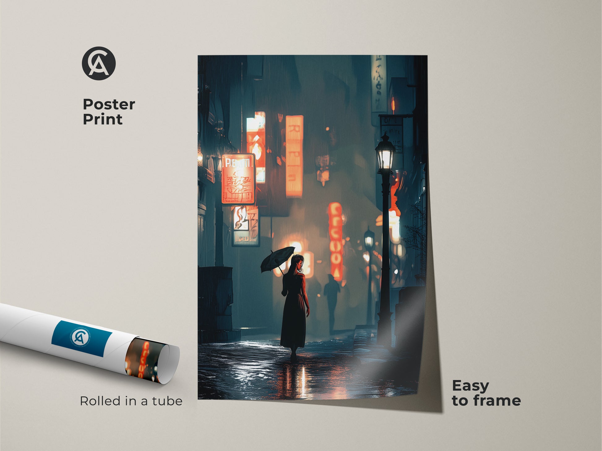Poster print featuring a cinematic cityscape at night. A woman with umbrella stands amidst neon signs. This atmospheric city art is easy to frame. The urban deep blue orange teal artwork adds a moody vibe. It's perfect for contemporary decor.