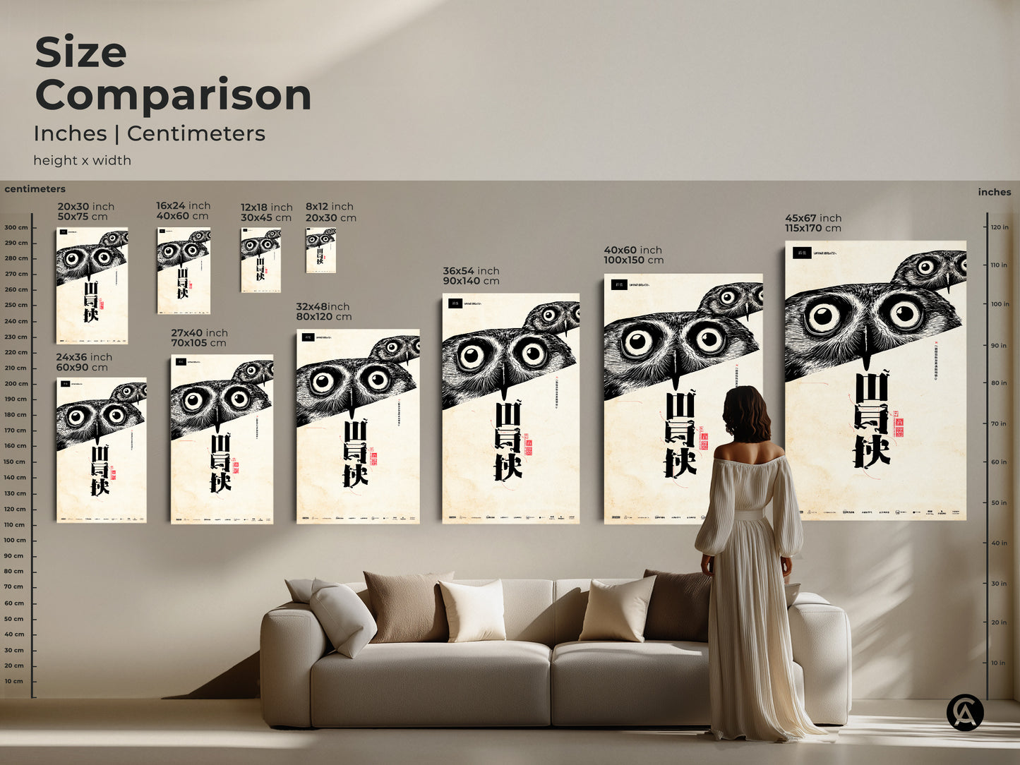 Size comparison of Scandinavian Owl Art. See how it complements living room decor. A minimalist black and white ink wash wall art creates sophisticated ambiance. Choose from various sizes to find the ideal fit for your space.