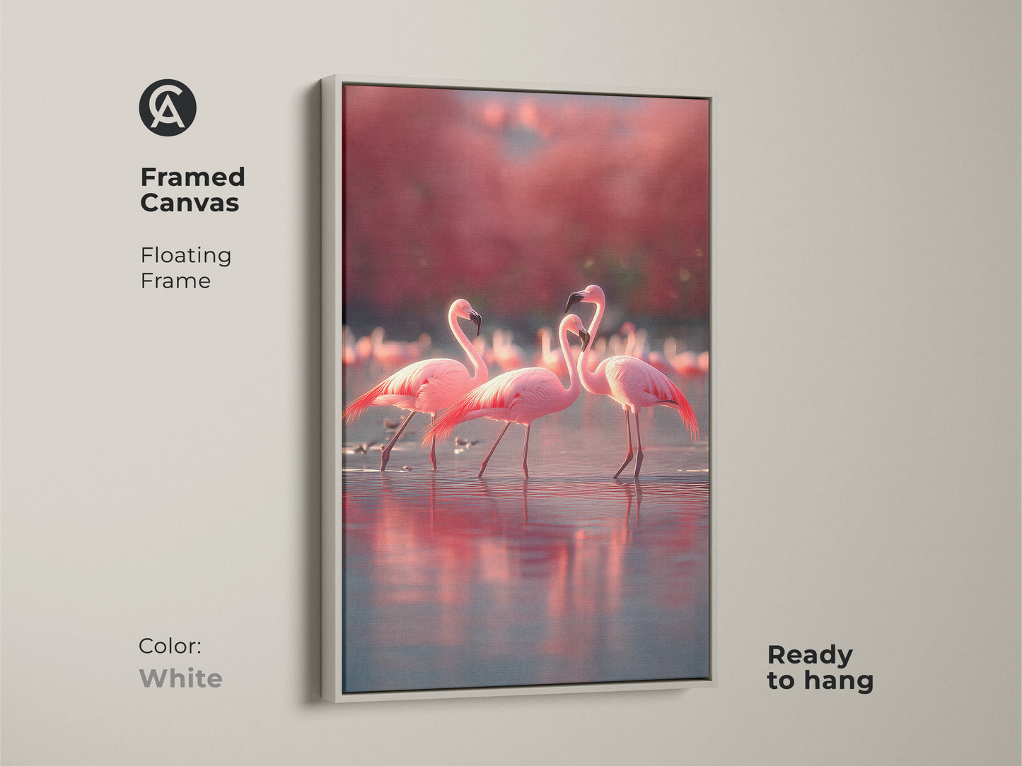 Framed canvas flamingo artwork in a white floating frame ready to hang. This tropical bird wall decor features a pink flamingo. Coastal beach house art with elegant appeal. A wildlife animal gift for nature lovers. Rose coral accents bring serenity to any room. Perfect for boho bedroom wall art.