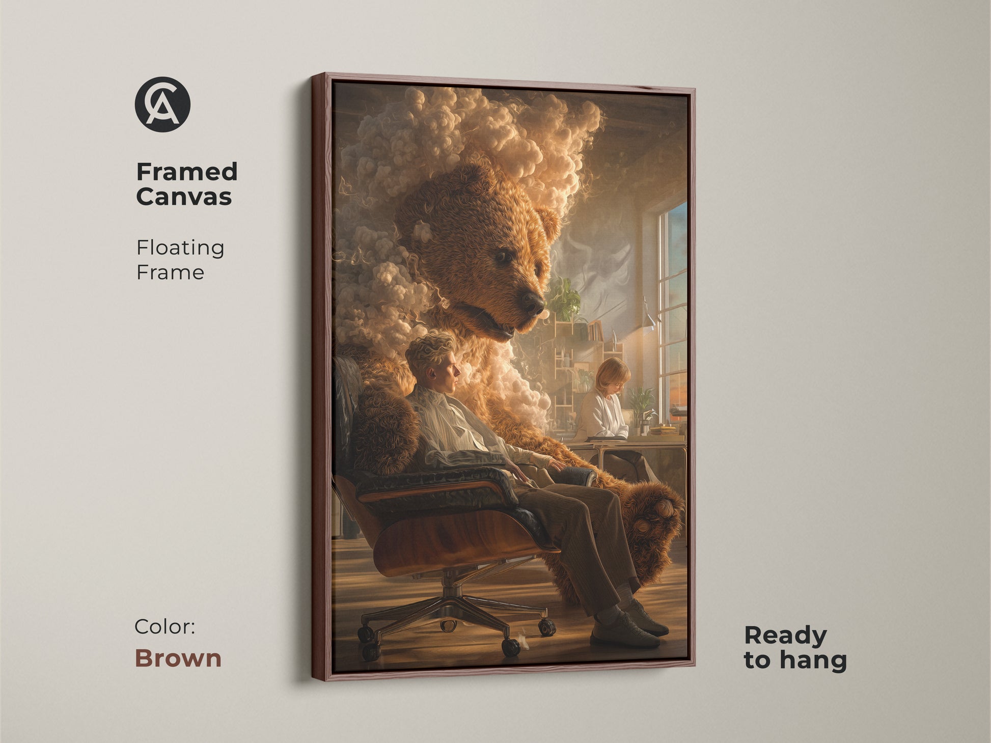 Framed canvas of a surreal bear man artwork with a brown floating frame. Perfect for eclectic homes and office spaces. Enjoy this golden brown dreamlike scene. It brings an artistic touch to any room for art collectors.