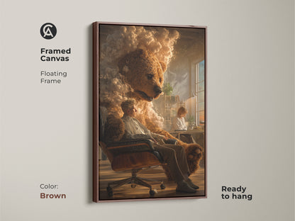 Framed canvas of a surreal bear man artwork with a brown floating frame. Perfect for eclectic homes and office spaces. Enjoy this golden brown dreamlike scene. It brings an artistic touch to any room for art collectors.
