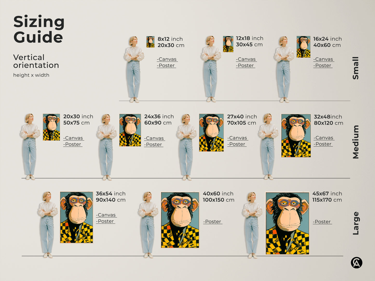 Explore our sizing guide featuring a monkey in a checker blazer. Available in various vertical sizes for canvas and poster prints. Find the perfect dimensions to suit your space. This artwork adapts to any room size adding a touch of playful sophistication.