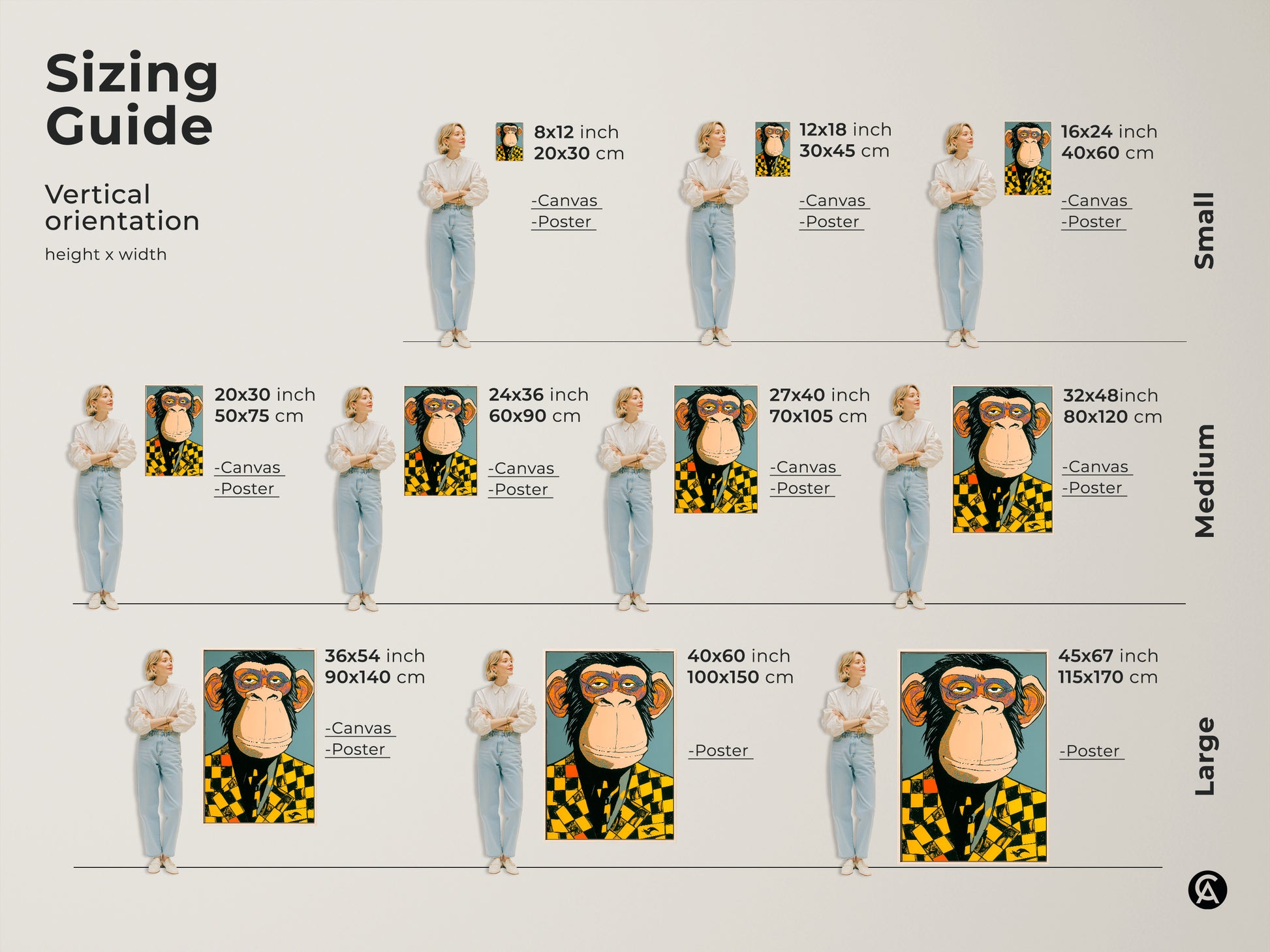 Explore our sizing guide featuring a monkey in a checker blazer. Available in various vertical sizes for canvas and poster prints. Find the perfect dimensions to suit your space. This artwork adapts to any room size adding a touch of playful sophistication.