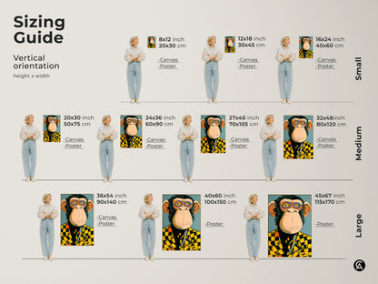 Explore our sizing guide featuring a monkey in a checker blazer. Available in various vertical sizes for canvas and poster prints. Find the perfect dimensions to suit your space. This artwork adapts to any room size adding a touch of playful sophistication.