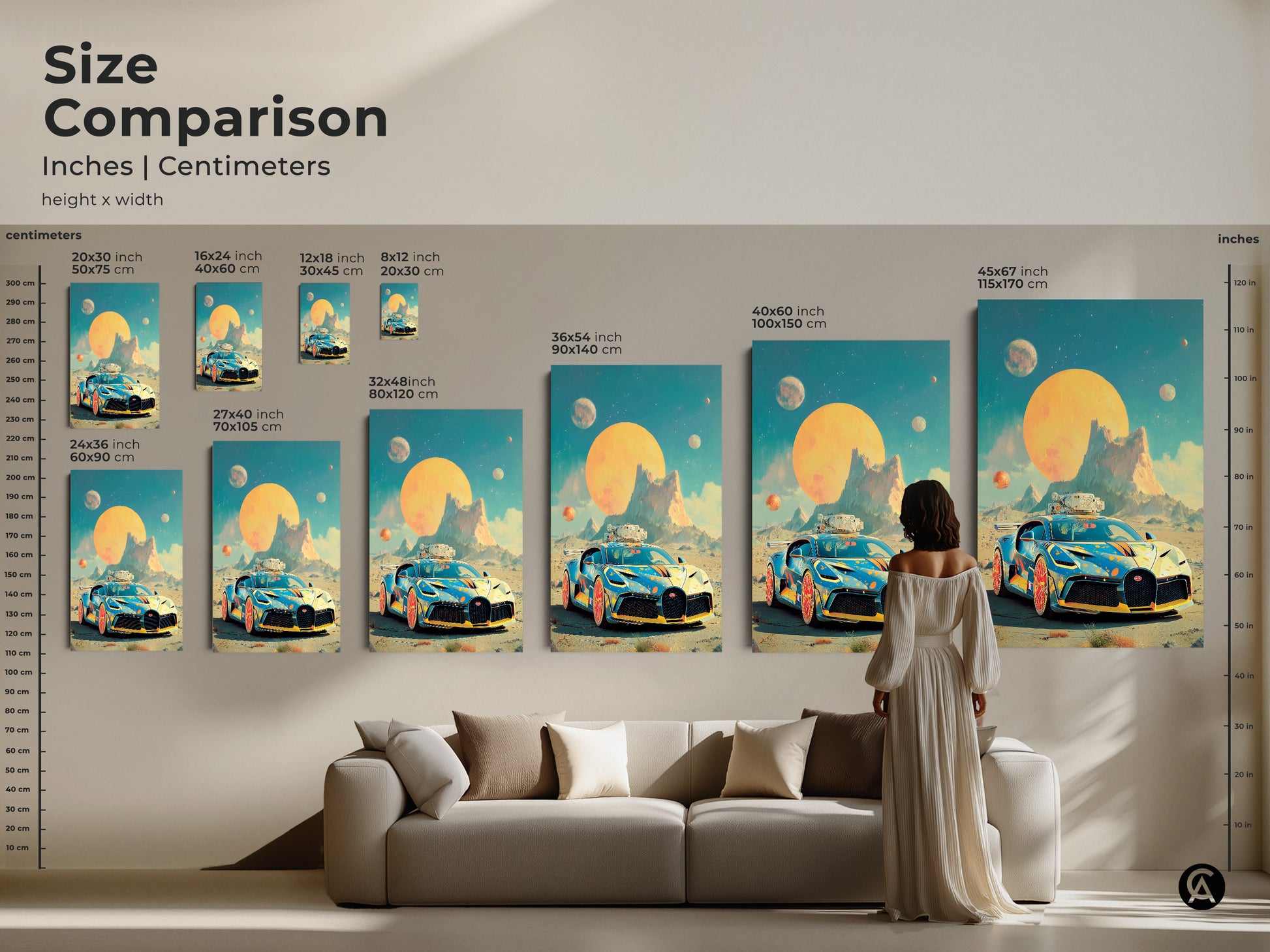 A size comparison of a Cyberpunk sports car art print in inches and centimeters. Visualize a retro futurism car canvas above a couch. Great size guide for sci-fi vehicle artwork. Imagine the teal and orange decor enhancing your office space. A perfect art gift for car enthusiasts.