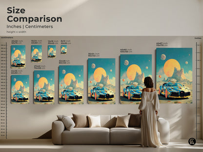 A size comparison of a Cyberpunk sports car art print in inches and centimeters. Visualize a retro futurism car canvas above a couch. Great size guide for sci-fi vehicle artwork. Imagine the teal and orange decor enhancing your office space. A perfect art gift for car enthusiasts.