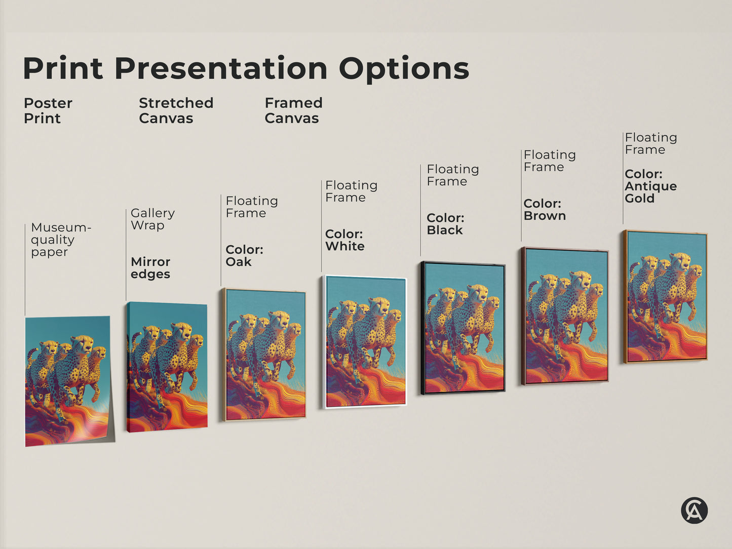 Print presentation options for cheetah art. Choose from poster print stretched canvas or framed canvas. Options include gallery wrap museum quality paper and floating frames. Frame colors include oak white black brown and antique gold. Find the perfect size for your eclectic home decor.