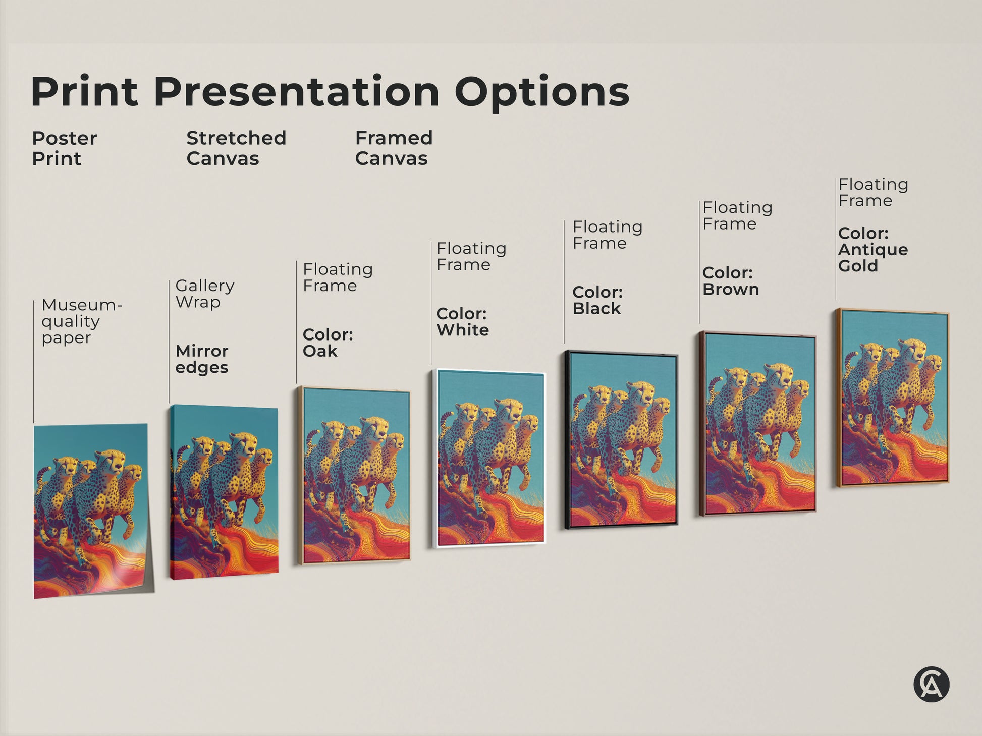 Print presentation options for cheetah art. Choose from poster print stretched canvas or framed canvas. Options include gallery wrap museum quality paper and floating frames. Frame colors include oak white black brown and antique gold. Find the perfect size for your eclectic home decor.