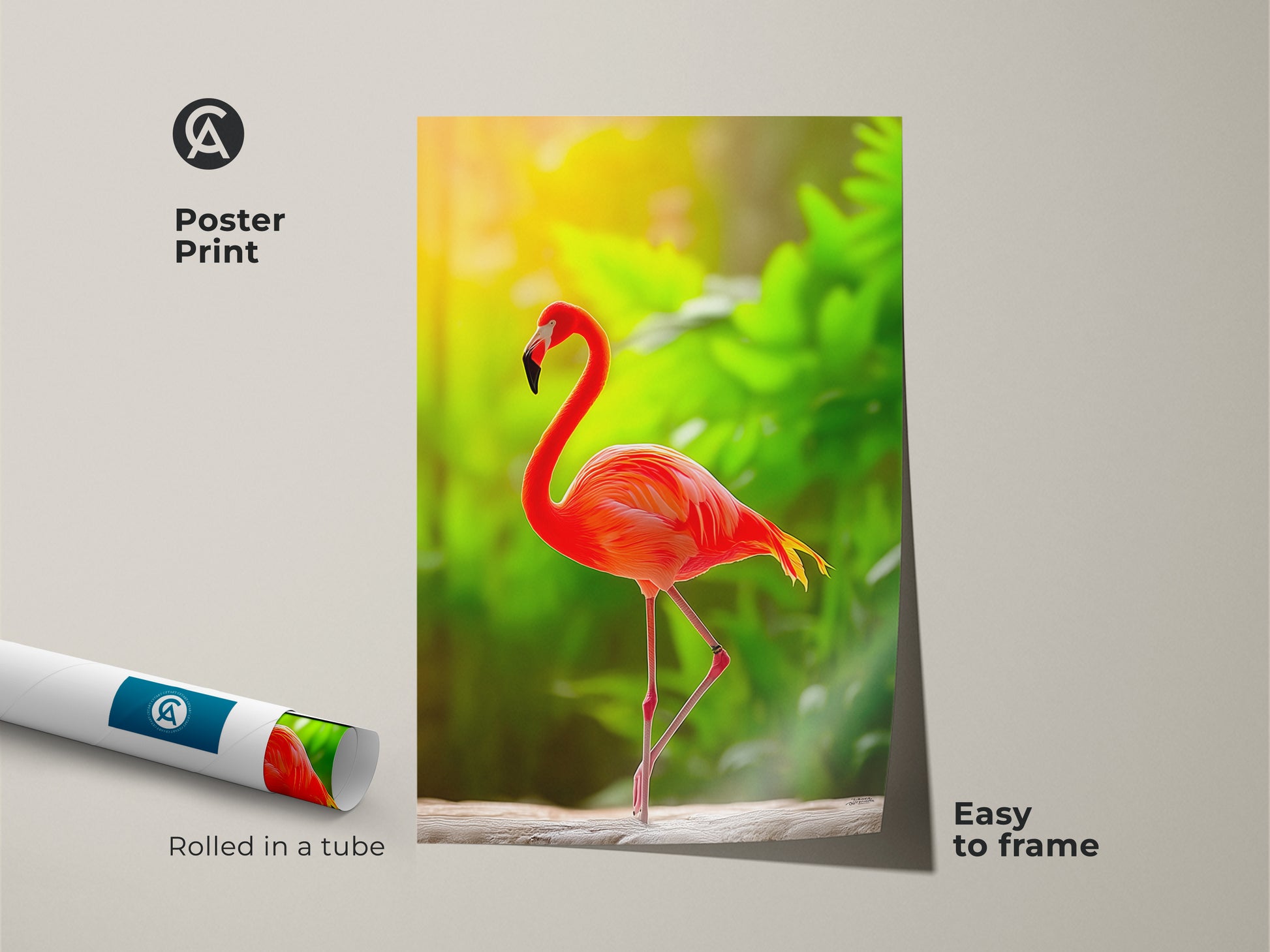 Poster print of a tropical flamingo. The coral orange bird makes a striking statement. Great for boho wildlife wall decor. An affordable way to display exotic art. Easy to frame and hang. This print brings nature indoors. Ideal for bird lovers.