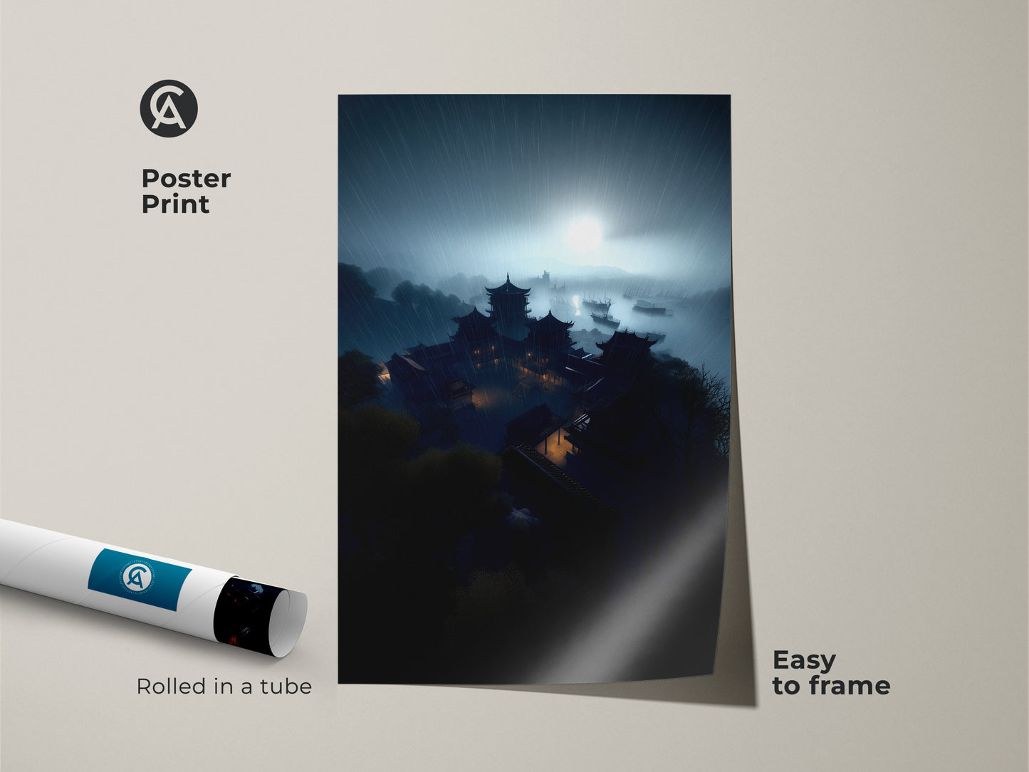 Poster Print of a Rainy Night Asian Pagoda Landscape. This artwork features deep teal and misty blue tones. The print is rolled in a tube for easy framing. It's perfect for adding an atmospheric touch to your office workplace. A unique housewarming gift.