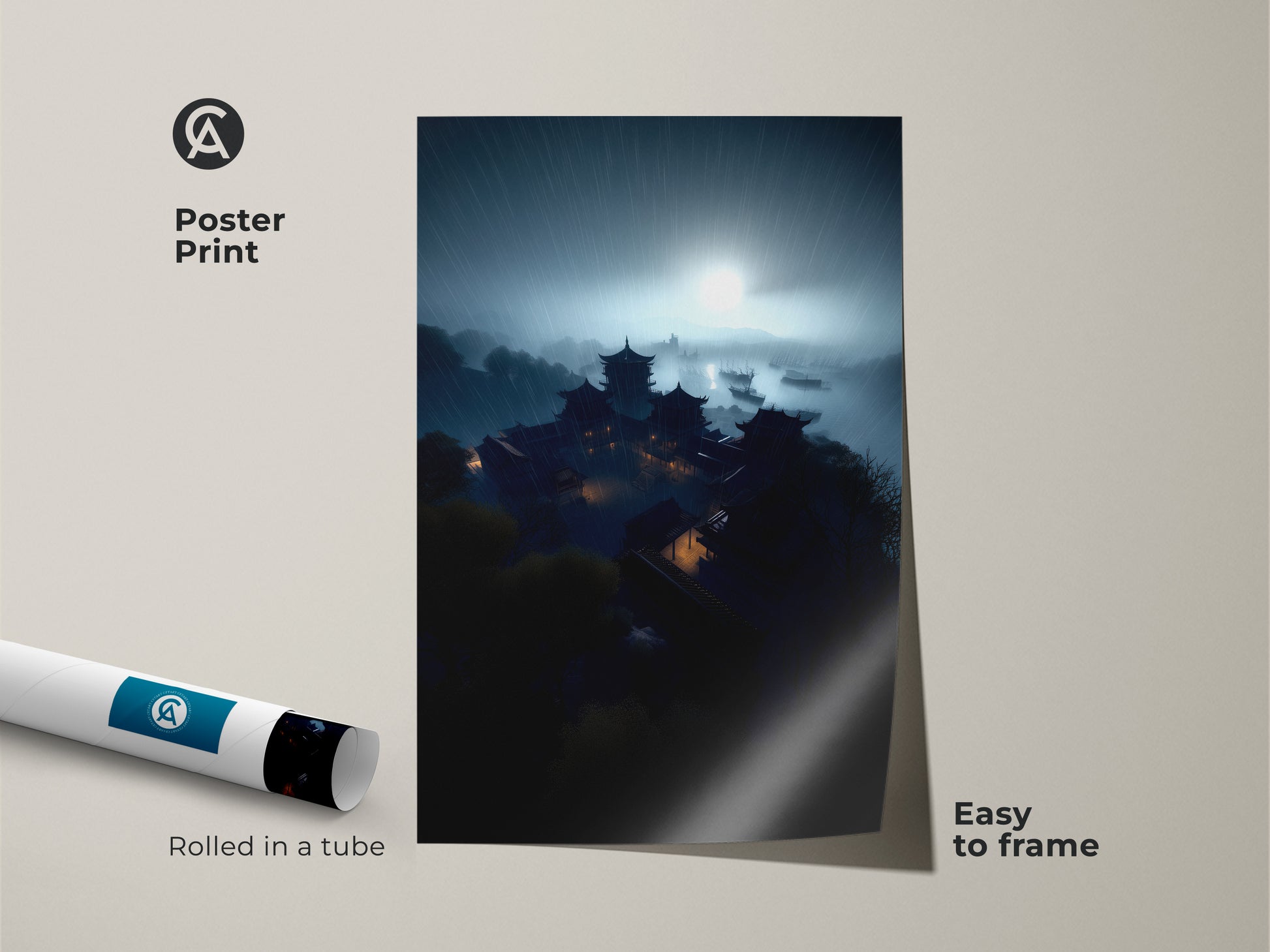 Poster Print of a Rainy Night Asian Pagoda Landscape. This artwork features deep teal and misty blue tones. The print is rolled in a tube for easy framing. It's perfect for adding an atmospheric touch to your office workplace. A unique housewarming gift.