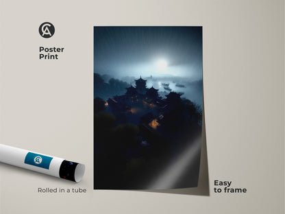 Poster Print of a Rainy Night Asian Pagoda Landscape. This artwork features deep teal and misty blue tones. The print is rolled in a tube for easy framing. It's perfect for adding an atmospheric touch to your office workplace. A unique housewarming gift.