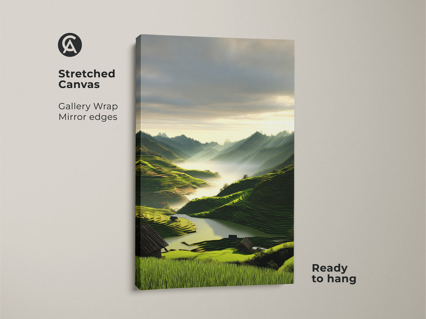 Stretched canvas print of emerald green terraced fields. This mountain landscape wall decor showcases scenic nature artwork. A contemporary art print adds a bohemian style to residential interiors. It's ready to hang and enhances bedroom wall art.