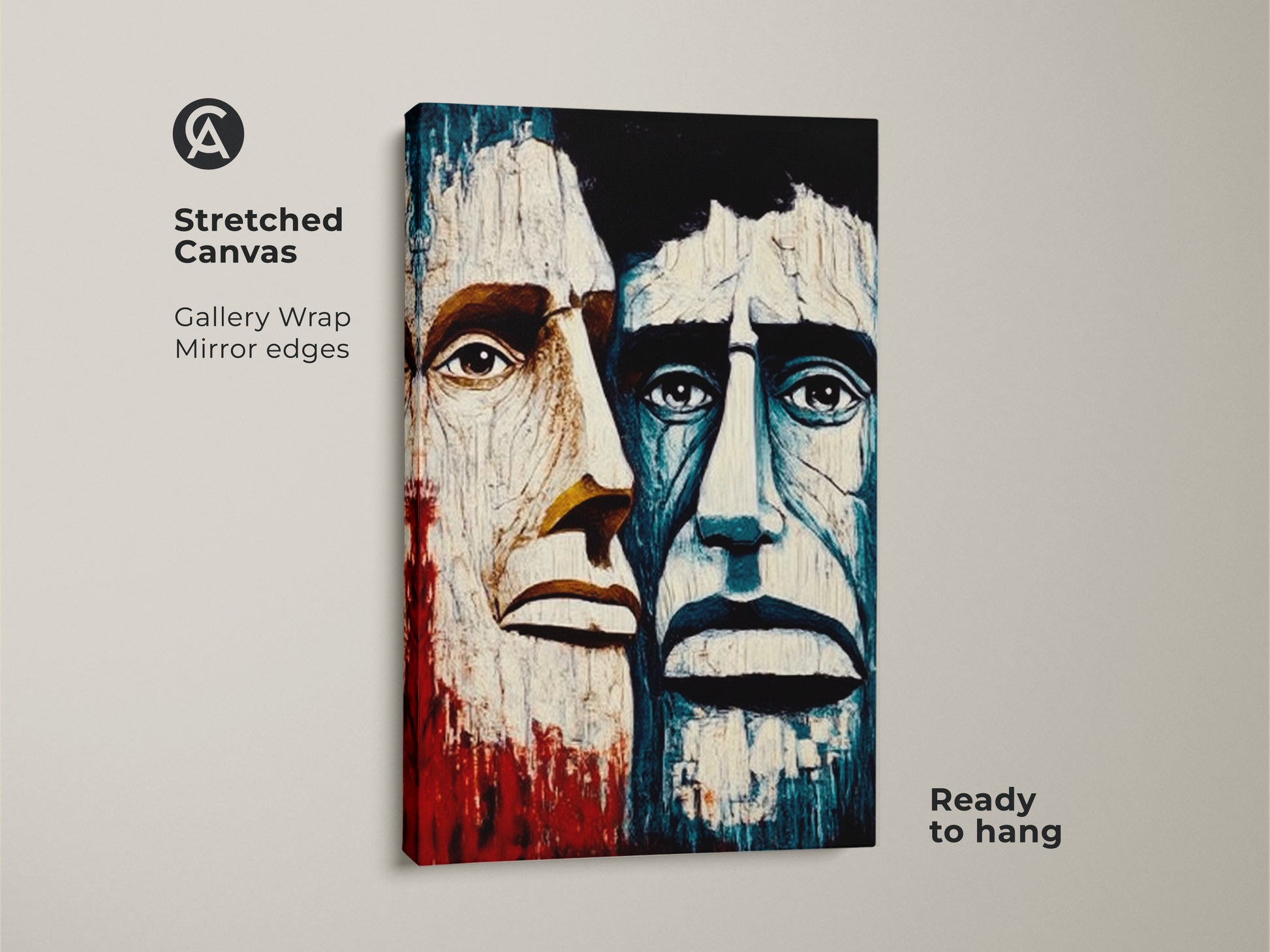 Gallery wrapped crimson blue canvas art. Abstract men portrait with expressive brushstrokes. Stretched canvas with mirror edges. This artwork is ready to hang. Elevate your eclectic home decor with this unique print. Ideal for study rooms or office spaces.