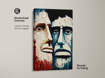 Gallery wrapped crimson blue canvas art. Abstract men portrait with expressive brushstrokes. Stretched canvas with mirror edges. This artwork is ready to hang. Elevate your eclectic home decor with this unique print. Ideal for study rooms or office spaces.