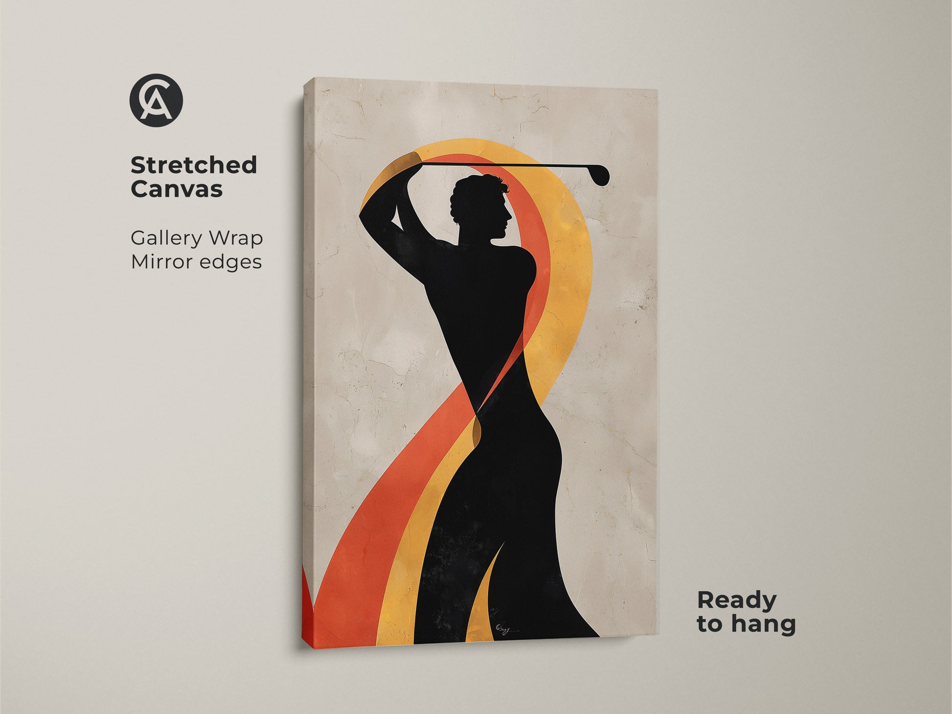 Stretched canvas print of mid century modern golfer art. Gallery wrapped with mirrored edges and ready to hang. Retro abstract golf swing print in black orange and beige hues.