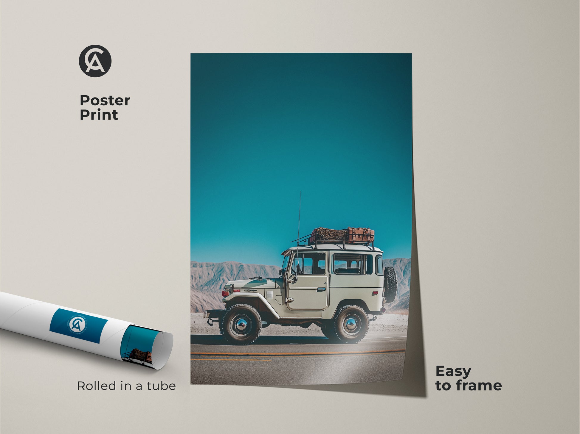 Poster print of a vintage SUV against a retro mountain landscape. Easy to frame this teal sky blue wall art. It is rolled in a tube for adventure photography. Great for industrial loft decor.