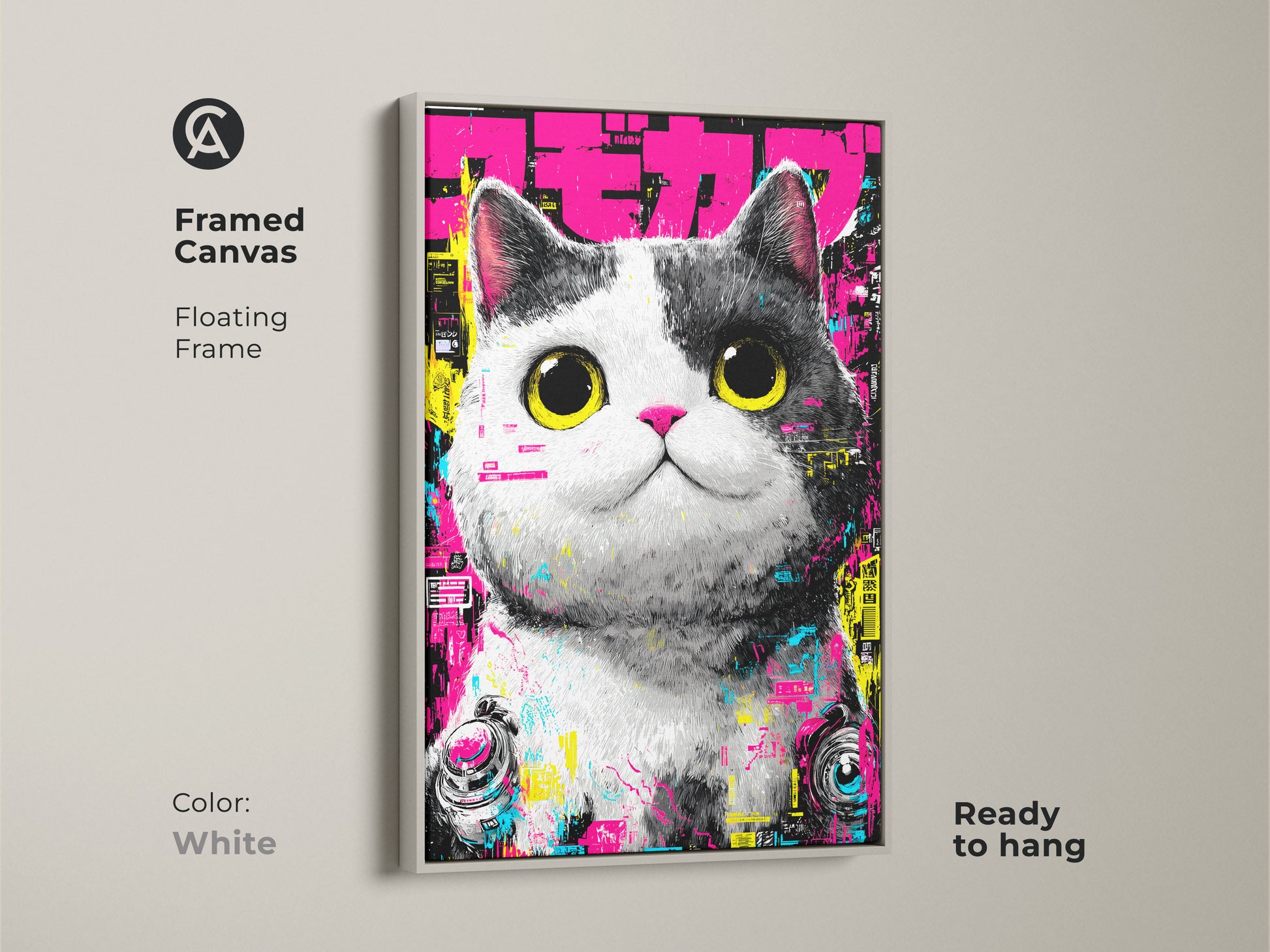 A framed canvas artwork presents a cute cat with bright yellow eyes and cyberpunk-inspired details. The white floating frame adds a clean modern look. It's ready to hang and enhances any room with its unique artwork.